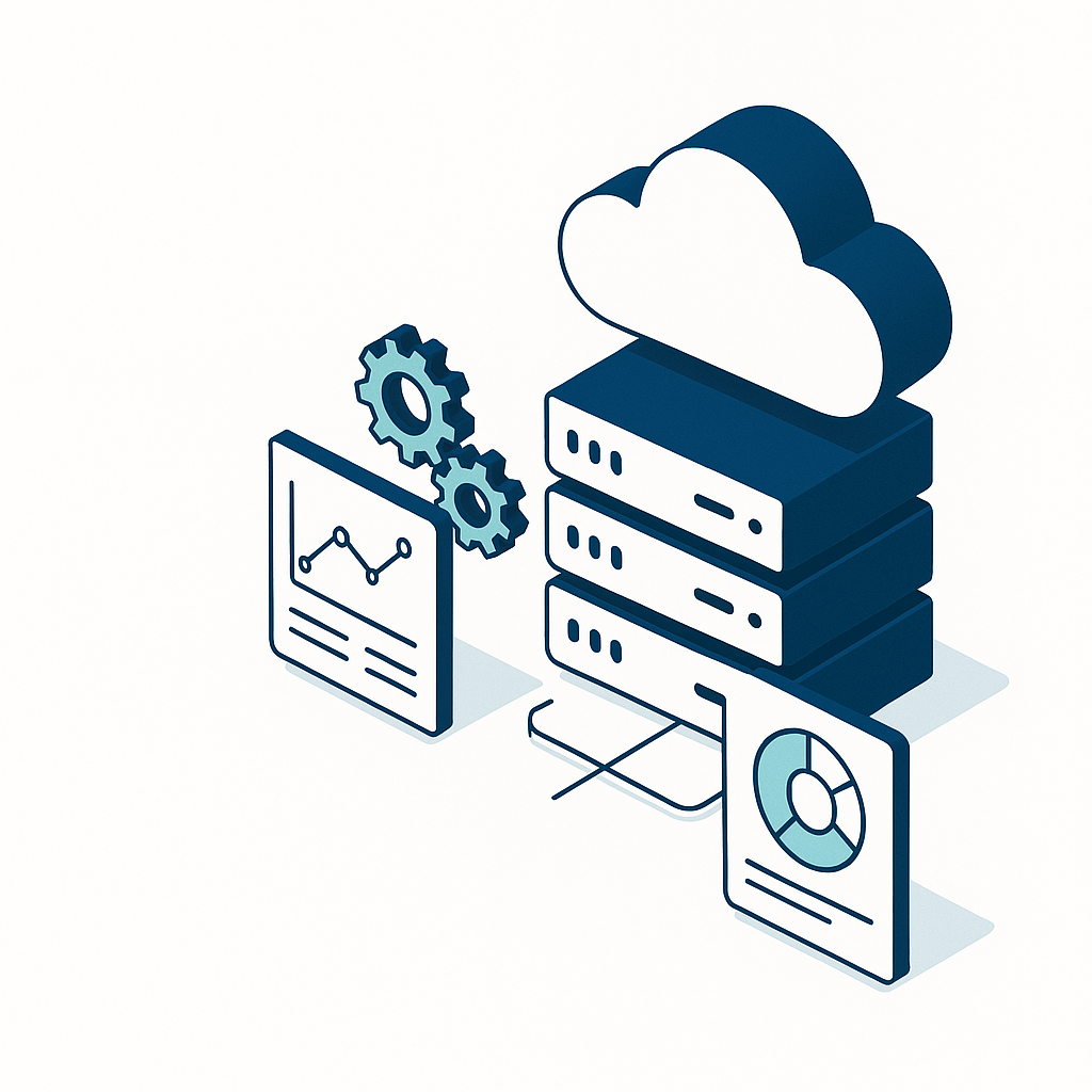 Ilustración de transformación digital con Odoo: dashboards, integraciones y software a medida para PYMES en LATAM